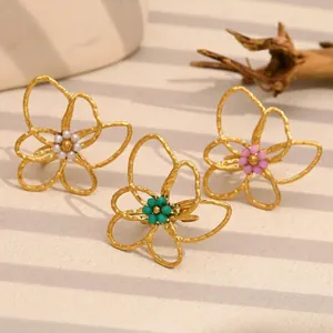 Stainless Steel Flower Open Ring 18K Gold Plated Adjustable Handmade Beaded Finger Jewelry Vintage Style For Women