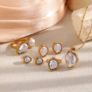 French Vintage Irregular Artificial Pearl Jewelry Set Gold Plated Stainless Steel Necklace Stud Earrings Ring For Women