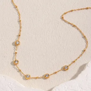 Roestvrijstalen 18K Vergulde Ketting Met Ronde Zirkoon Eenvoudige Mode Kralenketting Voor Vrouwen