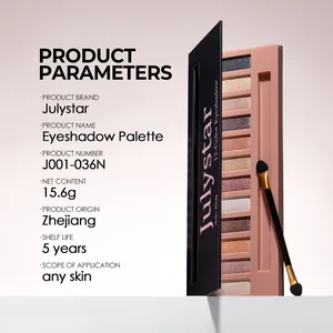 Vue détaillée de la palette de fards à paupières Julystar 12 couleurs avec spécifications.