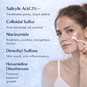 Infografik für Salicylsäure-Akne-Lotion mit Inhaltsstoffen und Anwendungshinweisen