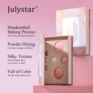 Λεπτομερής προβολή της παλέτας Julystar με ρουζ, μπρονζέ και λαμπερά προϊόντα λάμψης.