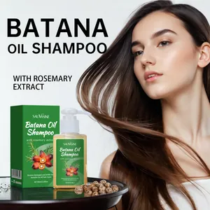 Detailed view of Batana oil shampoo bottle and packaging next to a female model