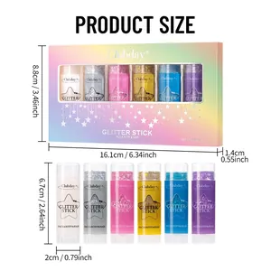 Dimensiones detalladas del set de 6 barras de purpurina para rostro, cuerpo y cabello
