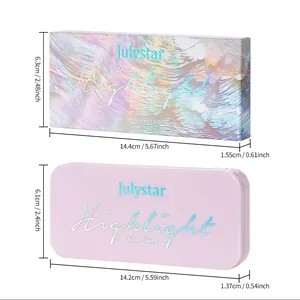 Vue de mesure détaillée de la palette de fards Julystar 8 couleurs et de sa boîte d'emballage
