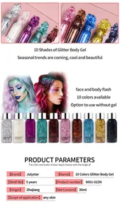 Détail complet montrant le gel corporel scintillant Julystar 10 couleurs et tableau