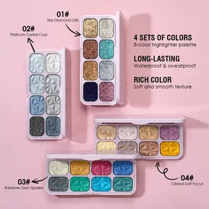Détail de quatre palettes d'ombres à paupières pailletées de 8 couleurs aux textures irisées.
