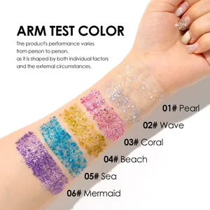 Muestras de brazo detalladas del set de gel de purpurina de 6 colores para maquillaje