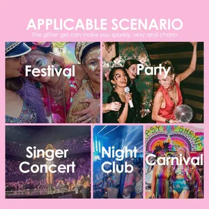 Divers scénarios d'utilisation du gel pailleté pour le corps lors de festivals et fêtes.