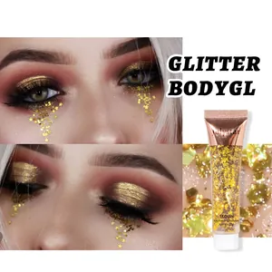 Détail de l'ombre à paupières en gel pailleté dorée appliquée sur les yeux et le tube