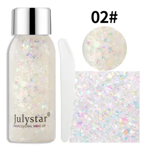 Détail macro du gel pailleté Julystar 02# avec applicateur et échantillons de texture