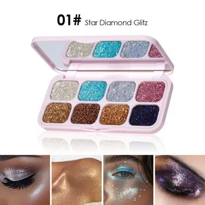 Vue détaillée de la palette de fards à paupières pailletés 8 couleurs avec maquillage.