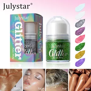 Détail des échantillons de gel pailleté Julystar 8 couleurs et application visage et corps