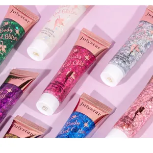 Vue détaillée des tubes de gel pailleté Julystar pour le corps et les yeux en divers tons