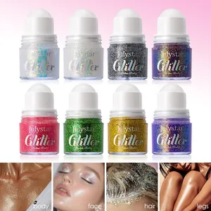 Détail montrant 8 gels pailletés à bille et leurs effets sur le corps, le visage et les cheveux