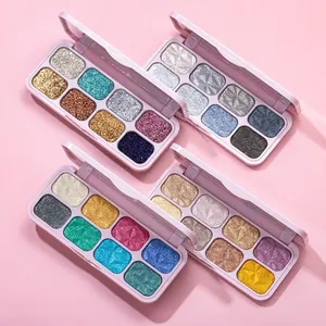 Vue détaillée de quatre palettes de fards à paupières scintillants à 8 couleurs rose