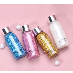 Détail des flacons de gel ombre à paupières pailleté Julystar sur fond rose nacré