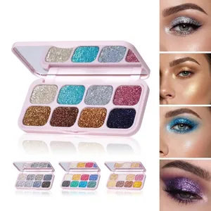 Palette de fards à paupières pailletés 8 couleurs, boîtier rose avec miroir et démo