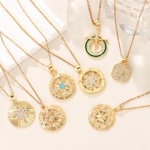 Französische Vintage Oktogramm Kompass Anhänger Halskette 18K Vergoldet Messing Zirkonia Stern Mond Schneeflocke Schmuck für Damen