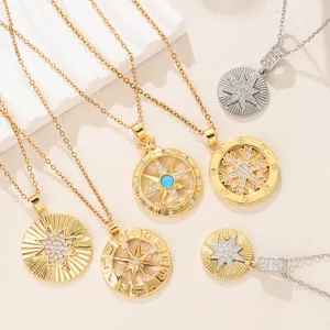 Französische Vintage 18K Gold Nordstern und Kompass Anhänger Halskette für Damen