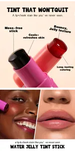 Detail showing bouncy jelly texture and application of lip & cheek tint stick