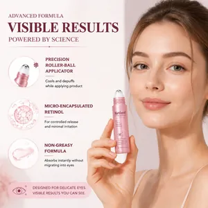 Detalle del suero de contorno de ojos con retinol sostenido por una modelo y beneficios.