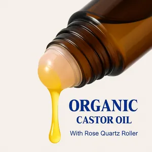 Dettaglio macro di olio di ricino biologico che gocciola da un applicatore roll-on