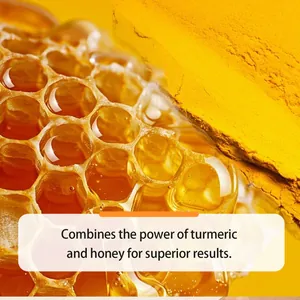 Detailed macro view of natural honeycomb and turmeric powder for moisturizing serum