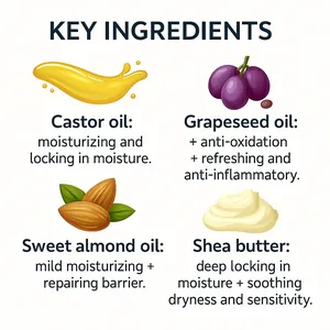 Dettaglio degli ingredienti dell'olio di ricino bio: vinaccioli, mandorle e karité.