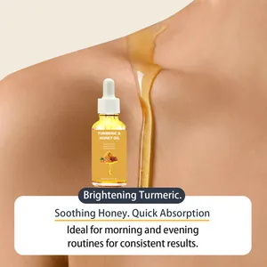 Detail view of turmeric and honey essential oil liquid texture on skin for skin brightening