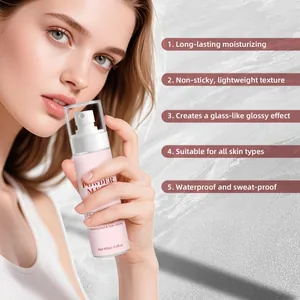 Macro detail of Powder Melt setting spray bottle held by model with 5 key features listed.