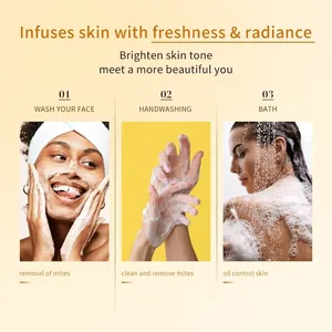 Scènes d'utilisation de savon citron curcuma pour le visage, les mains et le corps.