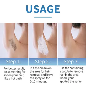 Three-step usage guide for underarm hair removal spray showing cream application process.