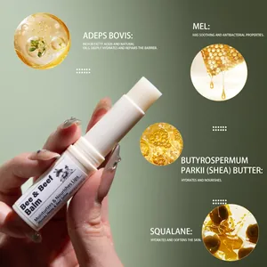 Dettaglio ingredienti del balsamo labbra biologico al grasso di bue, miele e squalano.