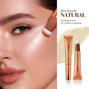 Close-up of liquid highlighter application on cheek with sponge wand and swatch.