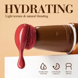 Macro detail of liquid blush stick with sponge applicator and dripping pigment texture