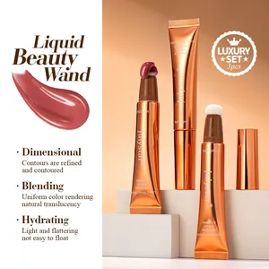 Close-up of Julystar liquid beauty wand set with sponge applicator and smooth blush swatch.