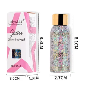 Vista dettagliata del flacone di gel glitter Julystar 30ml e dimensioni confezione.