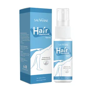 Detailed view of SAUVASINE 30ml hair removal spray bottle and its blue packaging box