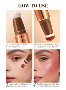 Step-by-step guide showing how to use the sponge-tip liquid blush stick on face