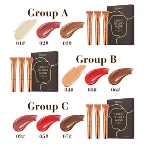 Detailed color swatches and packaging for Julystar liquid beauty wand makeup sets A, B, and C