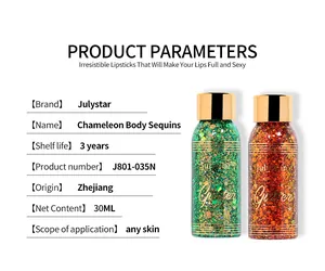 Dettaglio dei parametri del prodotto e flaconi di gel glitterato per il corpo Julystar