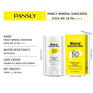 Détails et dimensions du stick solaire minéral PANSLY SPF 50 avec spécifications.