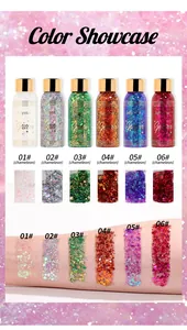 Campioni di gel glitter liquido camaleonte in sei colori per effetti trucco da palcoscenico.