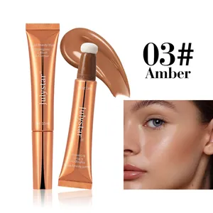 Close-up of Julystar liquid beauty wand sponge tip and model face highlighting effect