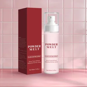 Close-up of Powder Melt glass setting spray 100ml bottle and packaging box