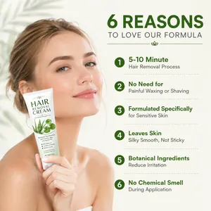 Dettagli della crema depilatoria botanica con l'elenco dei 6 vantaggi per la pelle