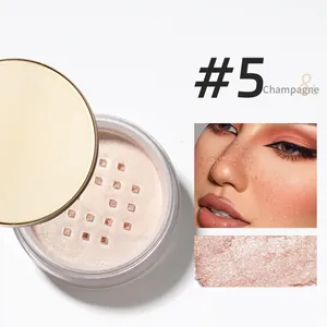 Detailed close-up of champagne shimmer loose powder texture and makeup effect on skin