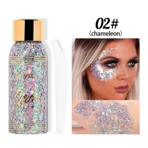 Dettaglio del gel glitter camaleonte n. 02 con applicatore ed effetto trucco sul viso