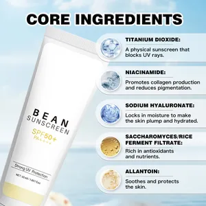 Dettaglio ingredienti base Bean Sunscreen SPF50+ con niacinamide e acido ialuronico